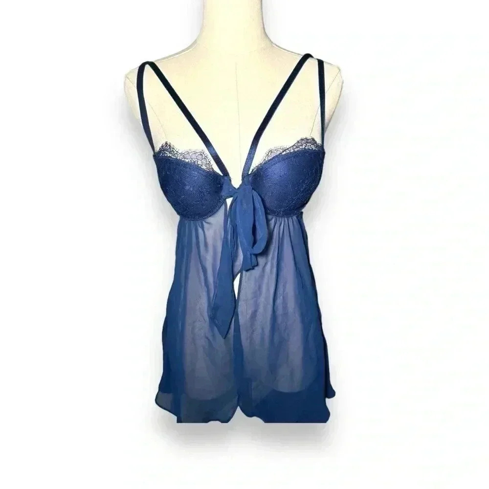 Victoria secret blue strappy lace babydoll chemise 34B